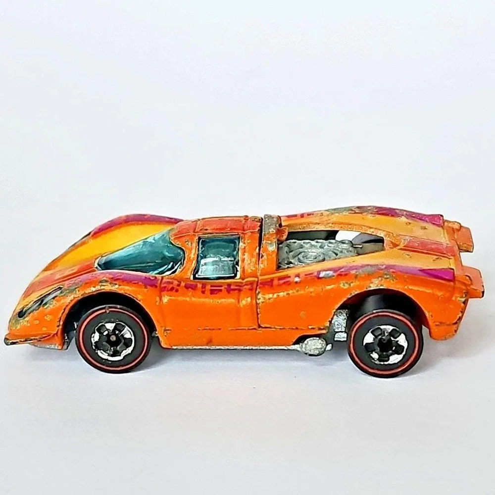 1969‎ Hot Wheels Porsche 917 Redline Orange Purple Yellow Stripe #9 Vintage Toy